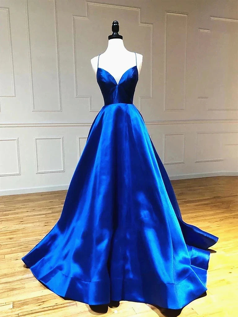 A-line V Neck Backless Prom Dresses Formal Evening Dresses